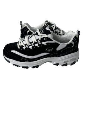 SKECHERS D'Lites Biggest Fan Black White Memory Foam Lace Sneakers Comfort 9.5